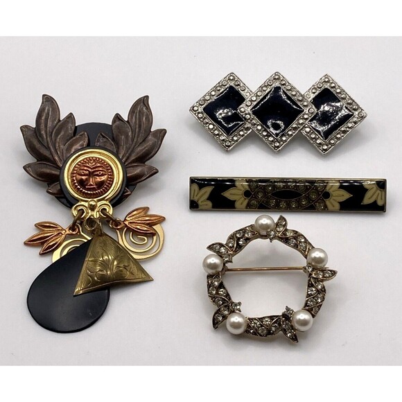 Vintage Lot of (4) Gold Tone Silver Tone Pin Brooch Rhinestone Decorative Sun‎ - Picture 1 of 10